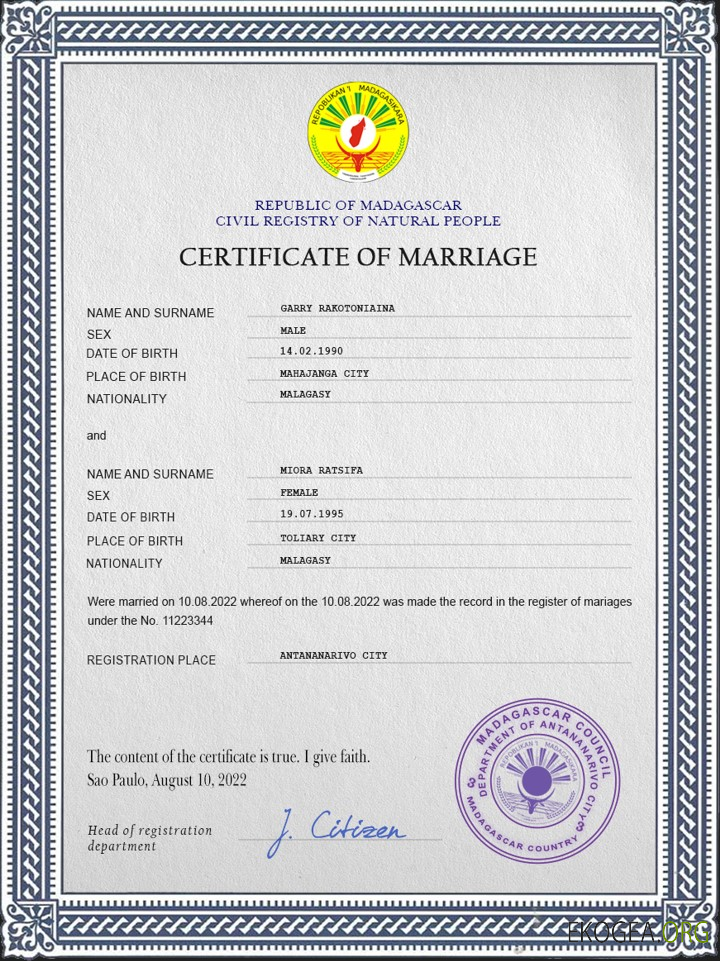 Modèle PSD de certificat de mariage à Madagascar